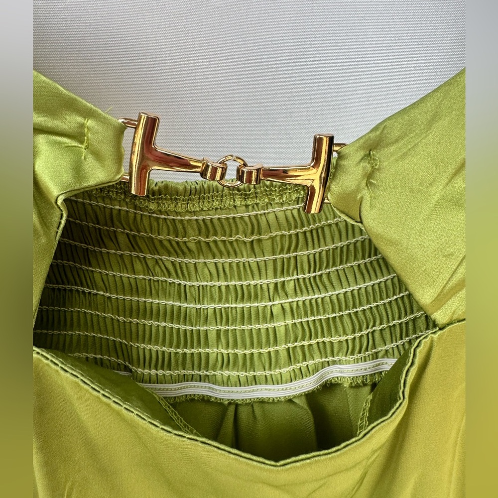 Olive Silk Mini Dress with Adjustable Tie Straps Size: S - Picture 2 of 4